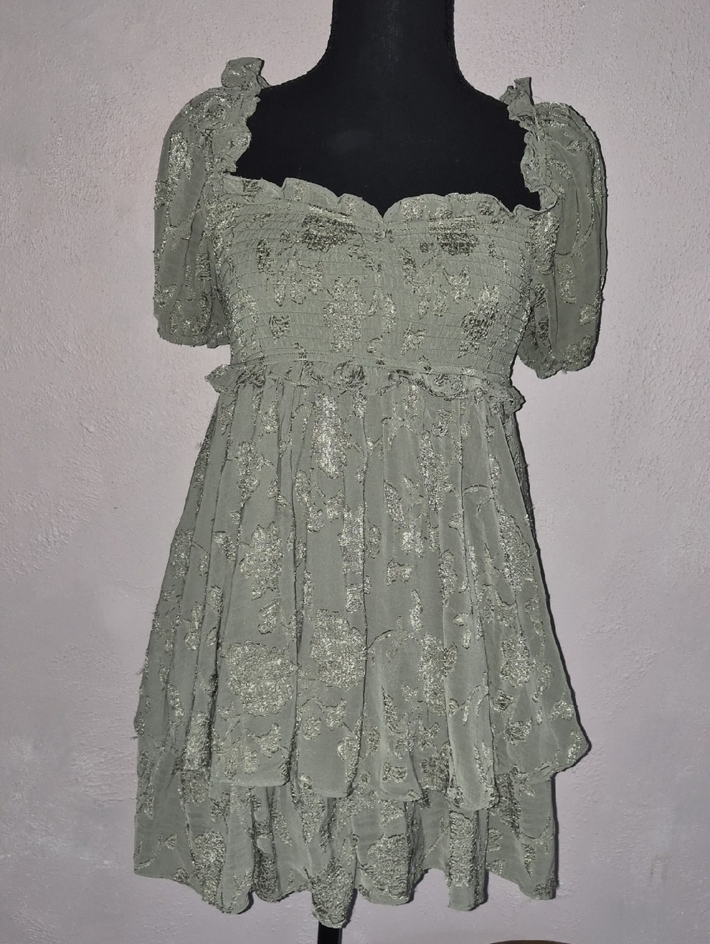 🩷Sage Green Puff Sleeve Smocked Mini Dress
